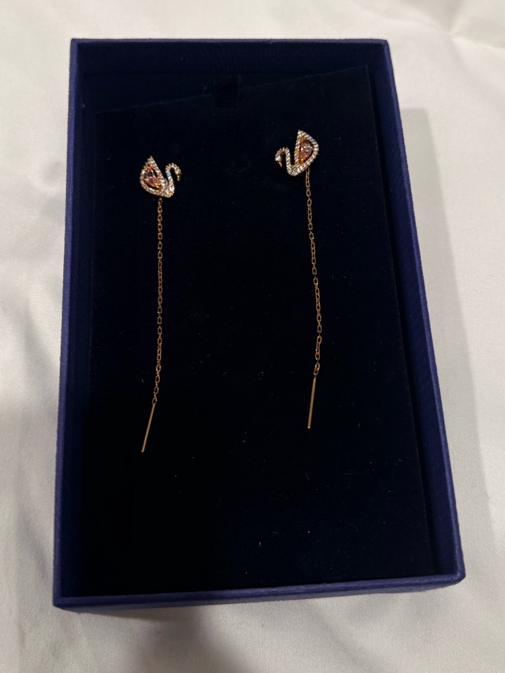 Swarovski Rose Gold Swan Threader Earrings with Clear Crystals AUTHENTIC